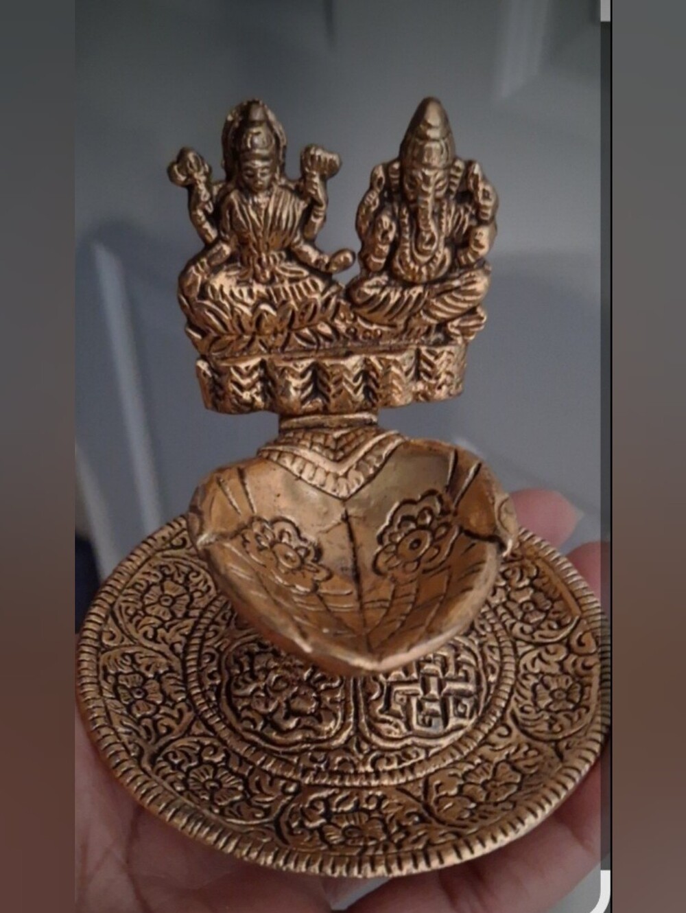 Brass-Tone Decorative Diya with Deity Motif - Gold Accent Home Accent